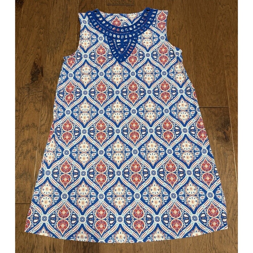 Kim Rogers Sleeveless Womens XL Dress Blue & Red Paisley, Stretch, Detailed Neck